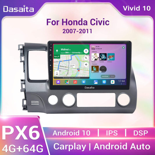 Dasaita Vivid10 Honda Civic 2007 2008 2009 2010 2011 Car Stereo 10.2 Inch Carplay Android Auto PX6 4G+64G Android10 1280*720 DSP AHD Radio