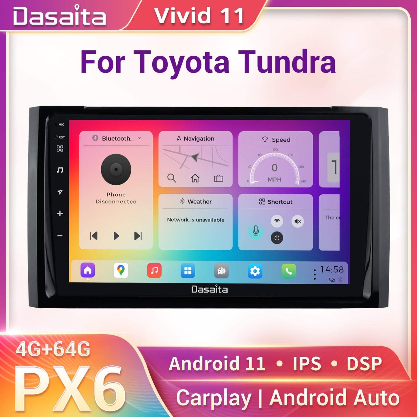 Dasaita Vivid11 Toyota Tundra 2014 2015 2016 2017 2018 Car Stereo 9 Inch Carplay Android Auto PX6 4G+64G Android11 1280*720 DSP AHD Radio