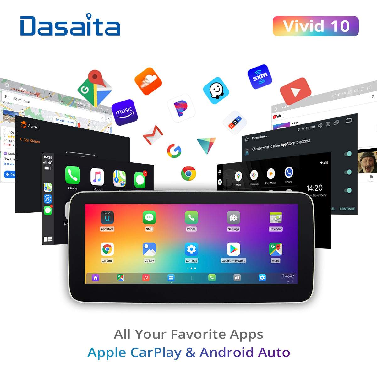 Dasaita Vivid10 Universal Single Din Car Stereo 10.25 Inch Carplay Android Auto PX6 4G+64G Android10 1280*480 DSP AHD Radio