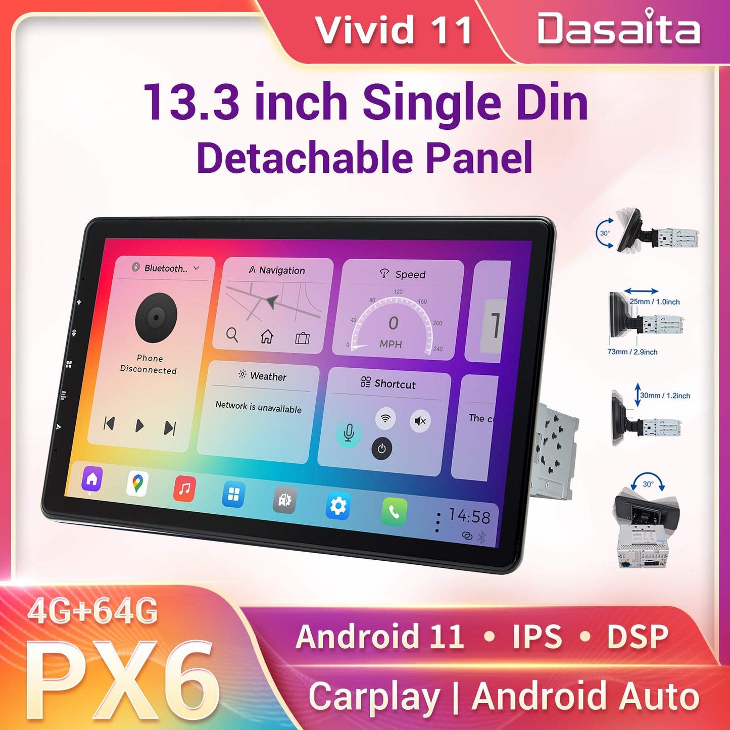 Dasaita Vivid11 Universal Single Din Car Stereo 13.3 Inch Carplay Android Auto PX6 4G+64G Android11 1920*1080 DSP AHD Radio