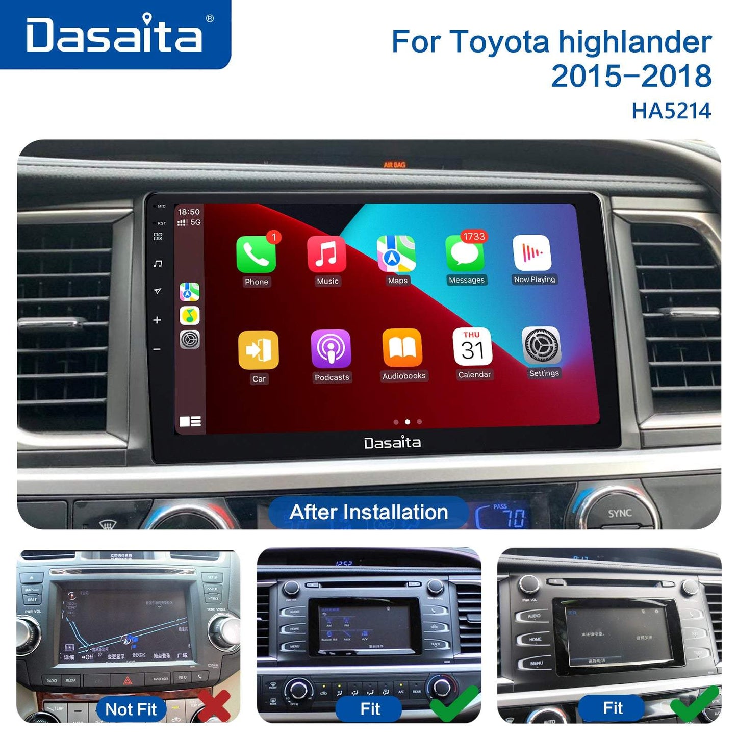 Dasaita MAX10 Toyota Highlander 2015 2016 2017 2018 Car Stereo 10.2 Inch Carplay Android Auto PX6 4G+64G Android10 1280*720 DSP AHD Radio