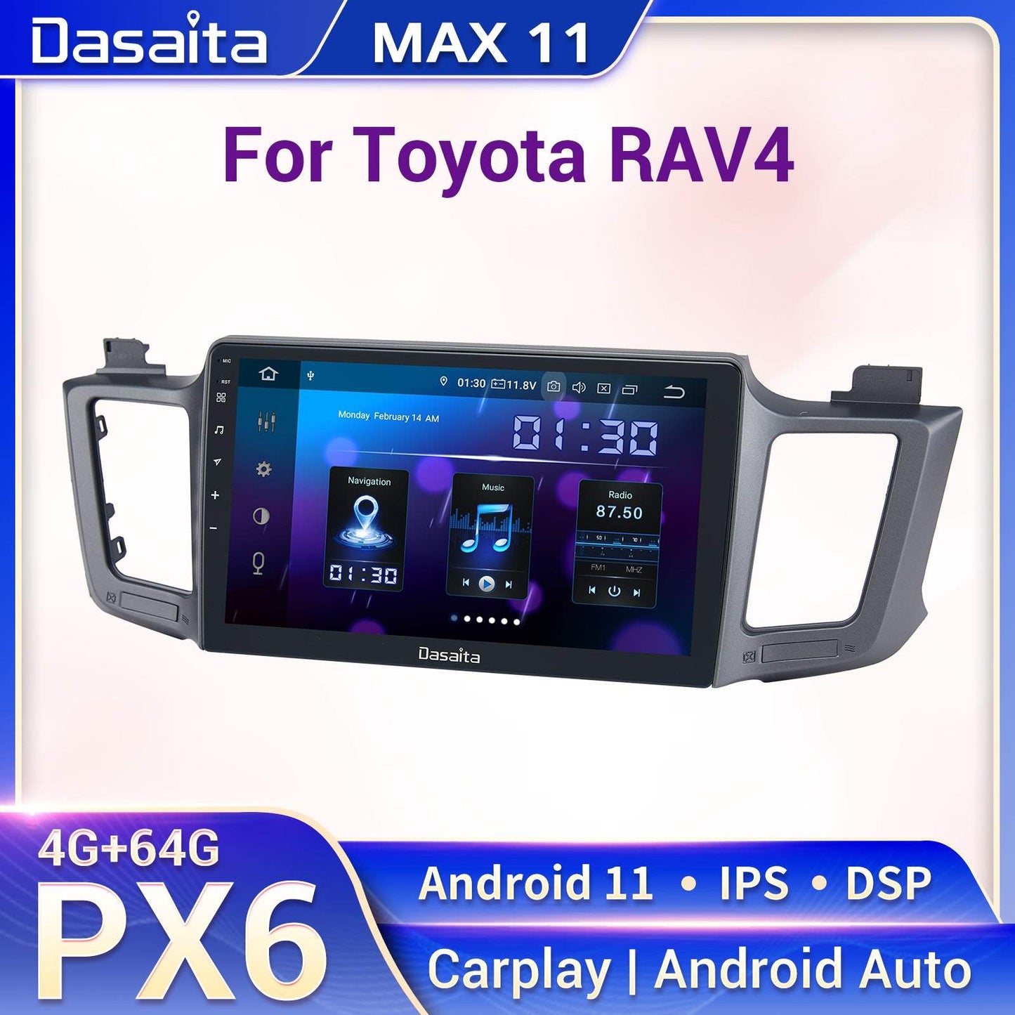 Dasaita MAX11 Toyota RAV4 2012 2013 2014 2015 2016 2017 Car Stereo 10.2 Inch Carplay Android Auto PX6 4G+64G Android11 1280*720 DSP AHD Radio