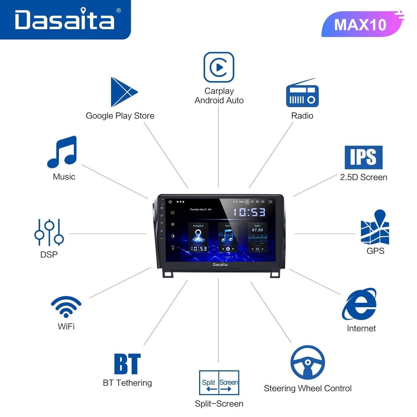 Dasaita MAX11 Toyota Tundra Sequoia Car Stereo 10.2 Inch Carplay Android Auto PX6 4G+64G Android11 1280*720 DSP AHD Radio