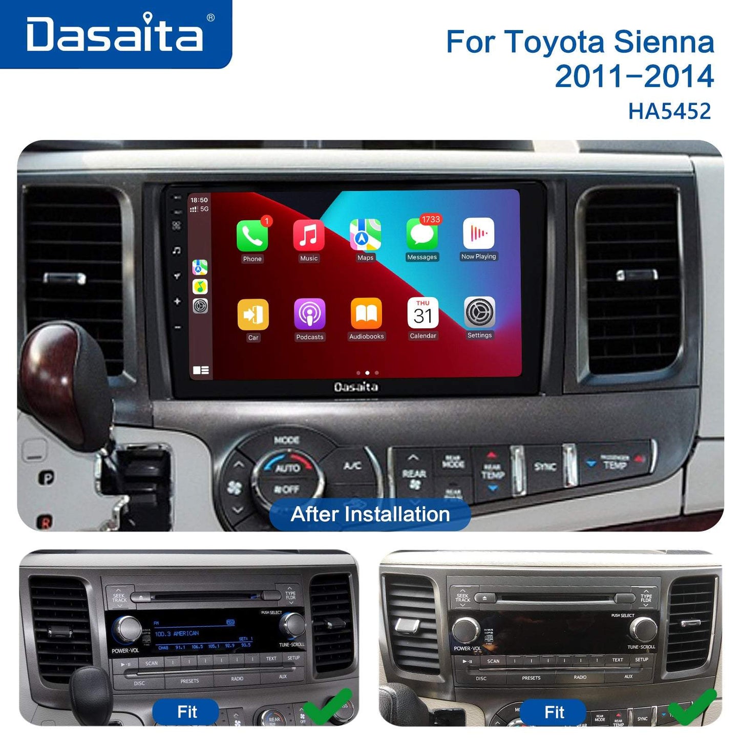 Dasaita 9" Multi Touch Screen 1 din Car Radio Android 10.0 for Toyota Sienna XL30 2011 2012 2013 2014 Bluetooth Carplay