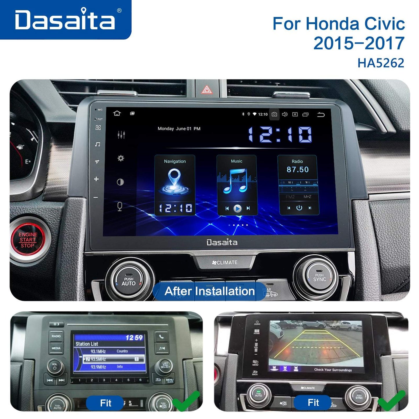 Dasaita Vivid10 Honda Civic 2015 2016 2017 Car Stereo 9 Inch Carplay Android Auto PX6 4G+64G Android10 1280*720 DSP AHD Radio