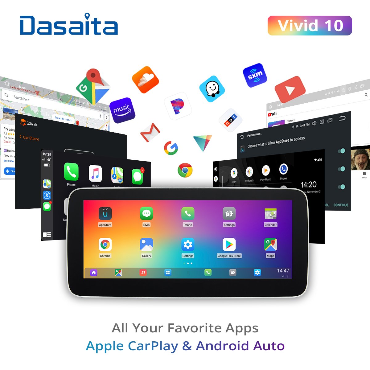 Dasaita Vivid 10.25" Android 10 Car Stereo Single 1 Din Radio GPS DSP IPS with Apple Carplay Android Auto Rotatable Detachable