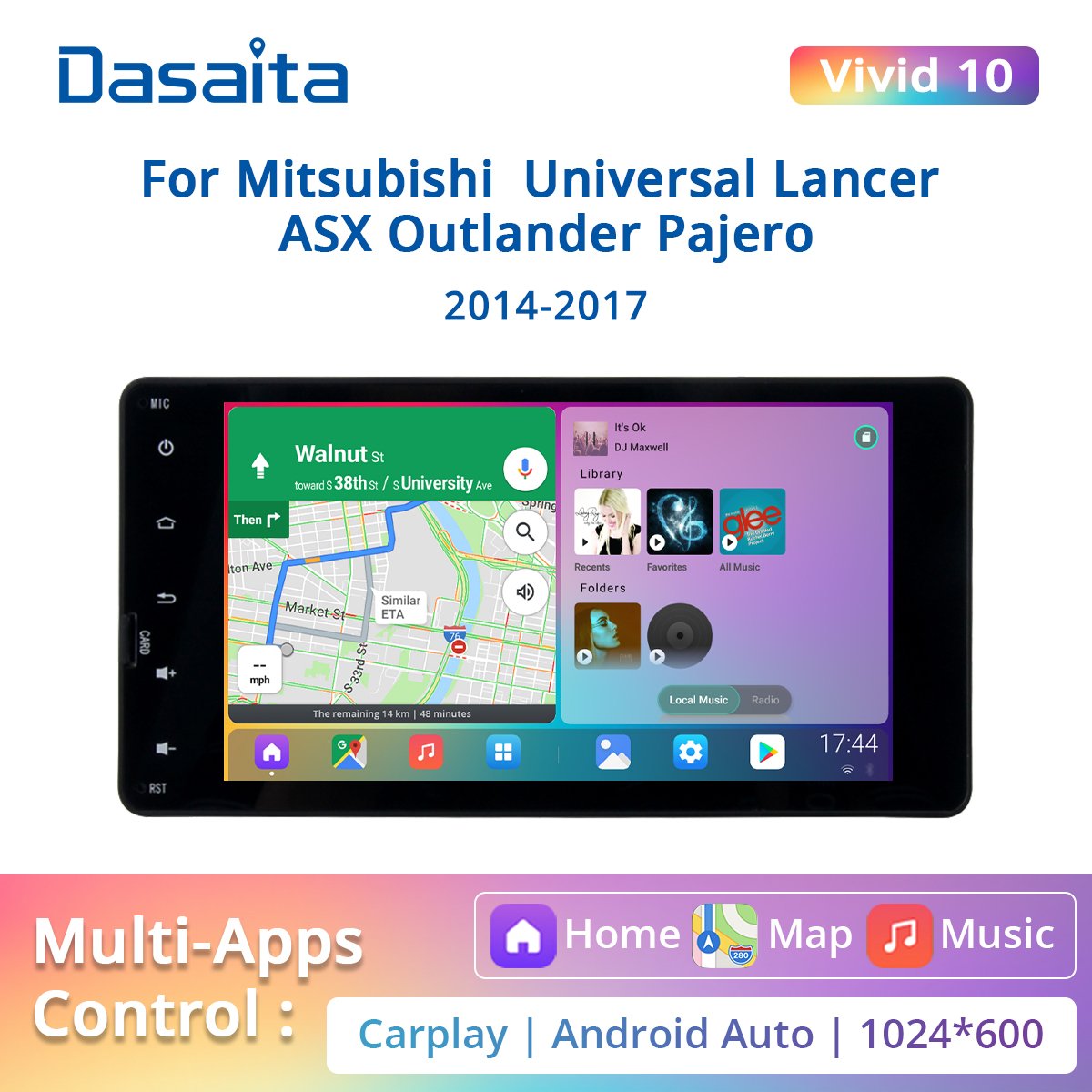 Dasaita Vivid for Mitsubishi Lancer Outlander Pajero ASX triton Android 10.0 universal 2 din Car Radio GPS TDA7850 1024*600