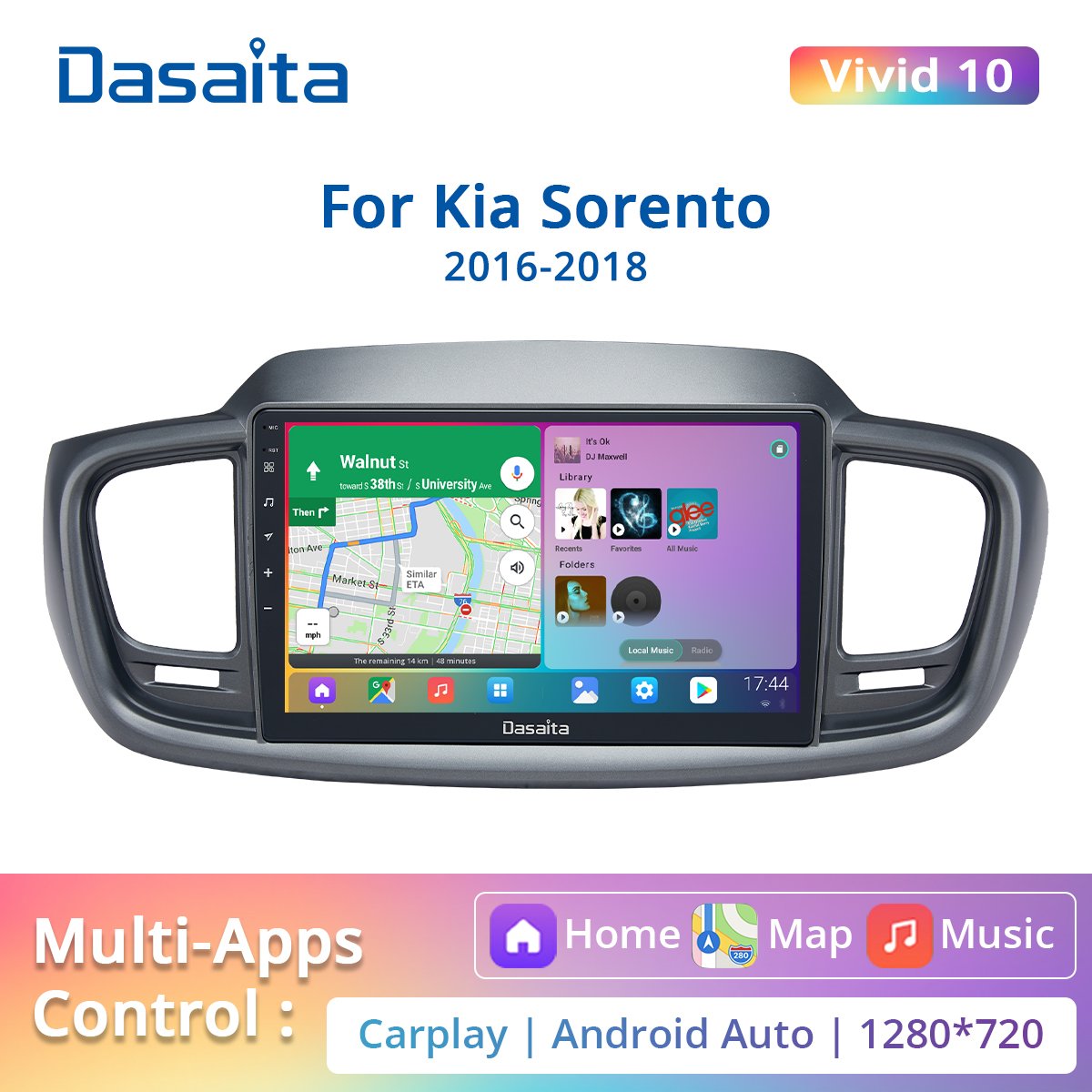 Dasaita Vivid for Kia Sorento 2014 2015 Car Radio 10.2" Android 10.0 Auto Stereo with GPS Carplay 1280*720 Touch 4GB+64GB 1 Din
