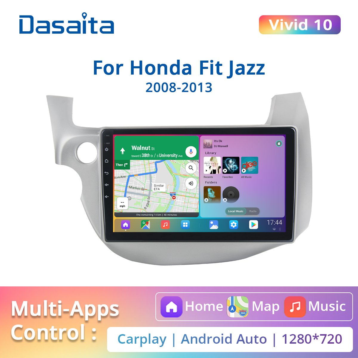 Dasaita Vivid for Honda Jazz Fit 2008 2009 2010 2011 2012 Car Android 10 1din Radio 10.2" IPS GPS MP3 1280*720 HDMI 4G 64G ROM