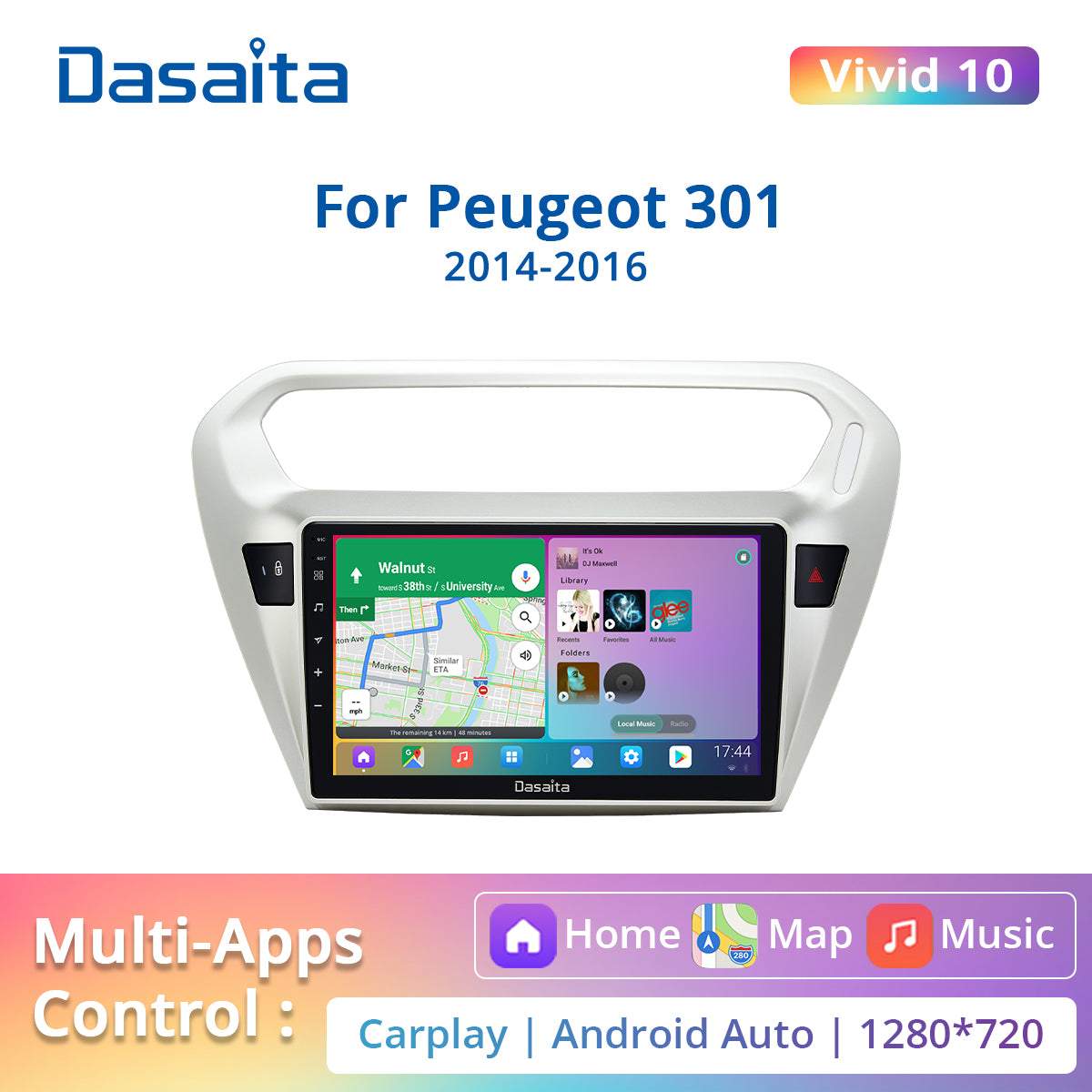 Dasaita Vivid10 For Peugeot 301 2014 2015 2016 Car Stereo Apple Carplay Android Auto Touch Screen 4G 64G DSP 30EQ Radio