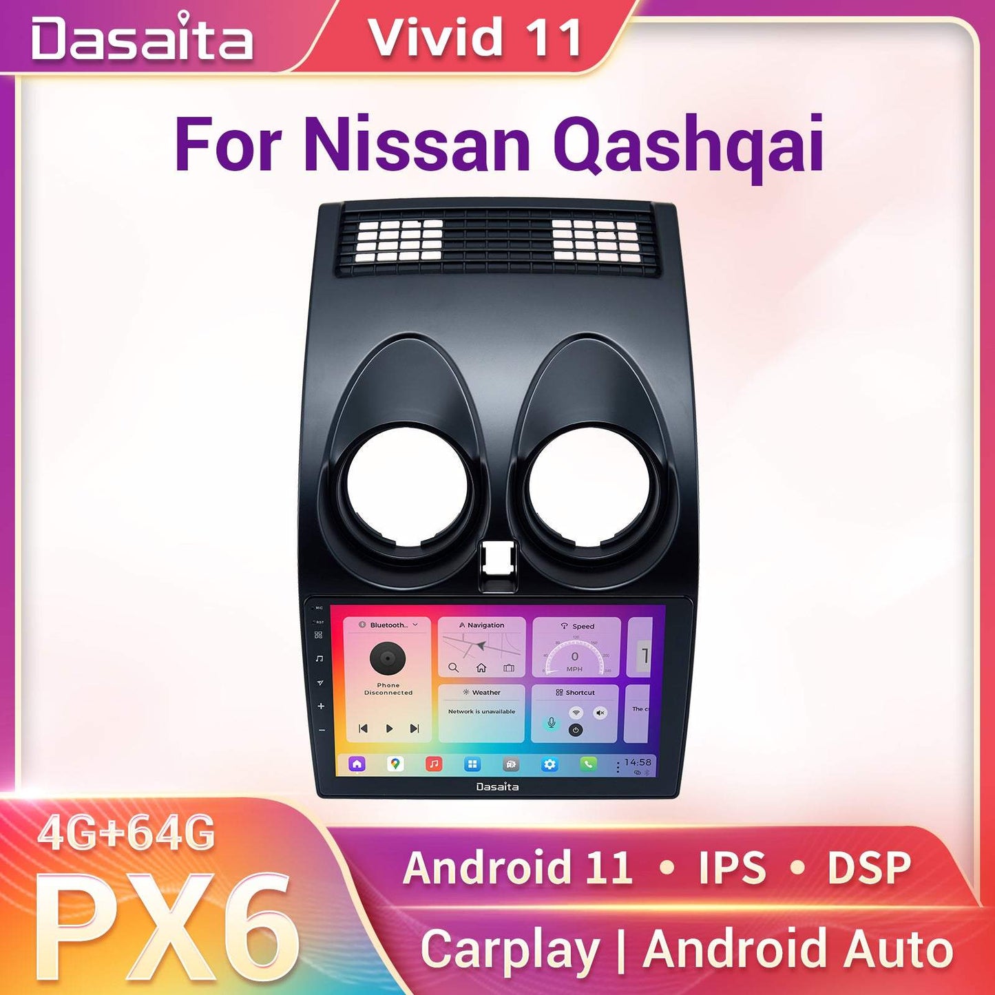 Dasaita Vivid11 Nissan Qashqai 2008 2009 2010 2011 2012 2013 2014 Car Stereo 9 Inch Carplay Android Auto PX6 4G+64G Android11 1280*720 DSP AHD Radio