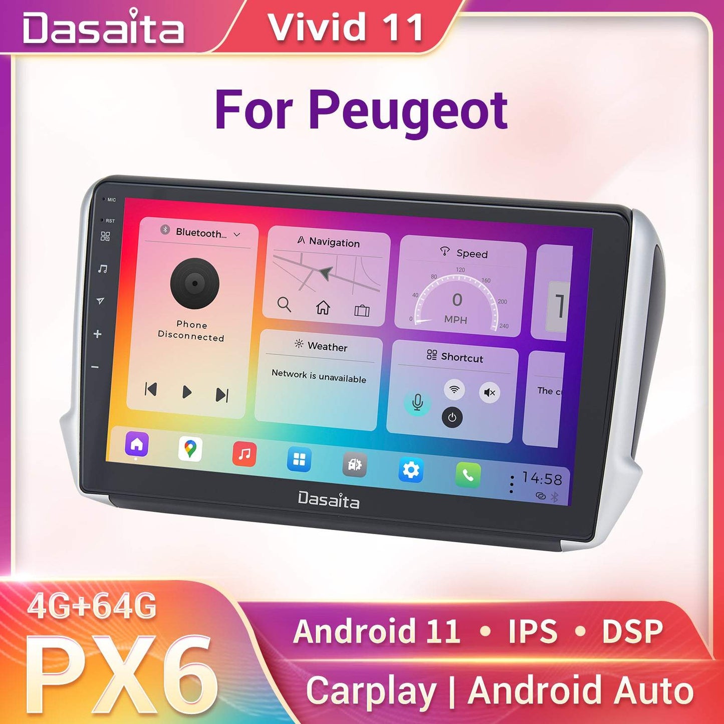 Dasaita Vivid11 Peugeot 208 2008 2012 2013 2014 2015 2016 Car Stereo 10.2 Inch Carplay Android Auto PX6 4G+64G Android11 1280*720 DSP AHD Radio