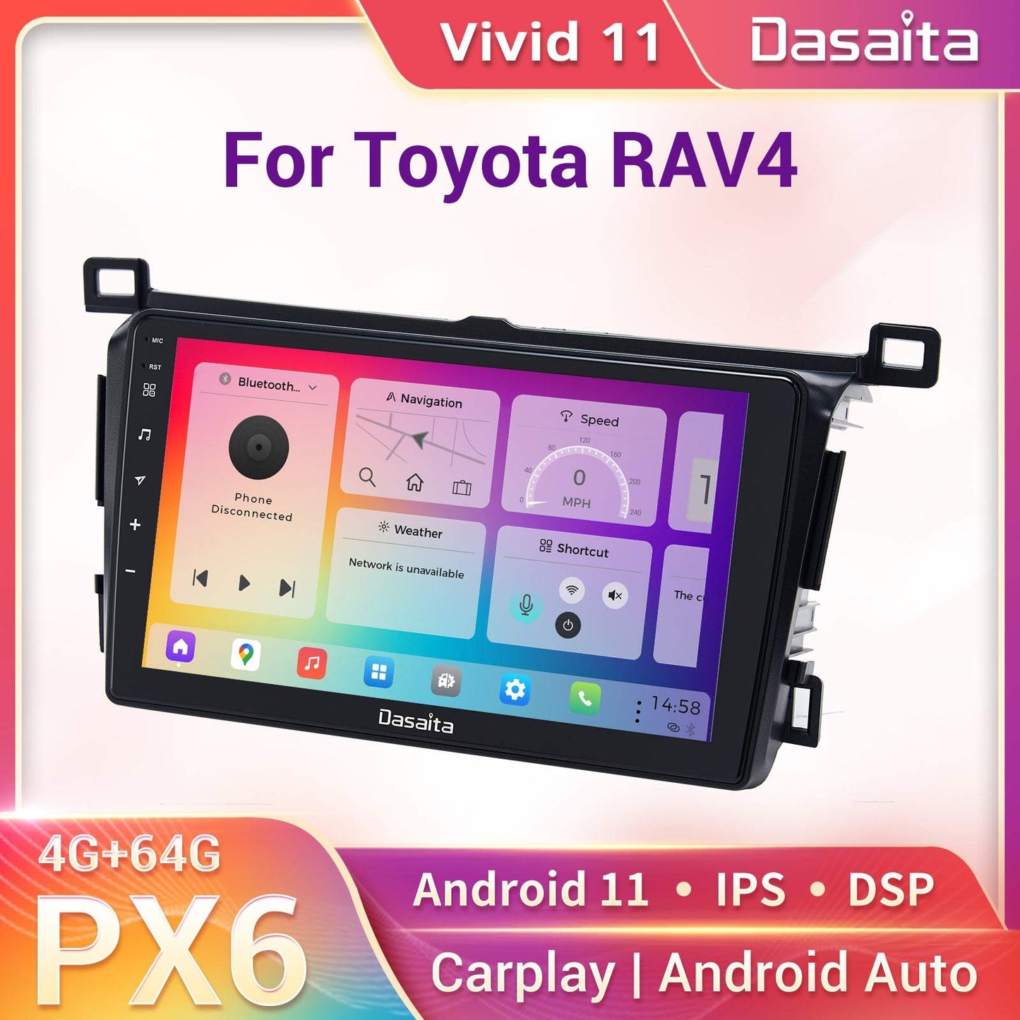 Dasaita Vivid11 Toyota RAV4 2012 2013 2014 2015 2016 2017 Car Stereo 9 Inch Carplay Android Auto PX6 4G+64G Android11 1280*720 DSP AHD Radio